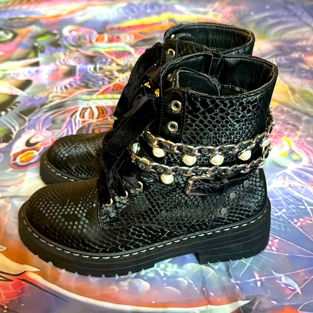 Snake print black combat boots